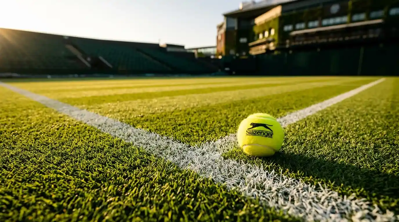Court central de Wimbledon, gazon tondu en lignes diagonales sous lumière naturelle