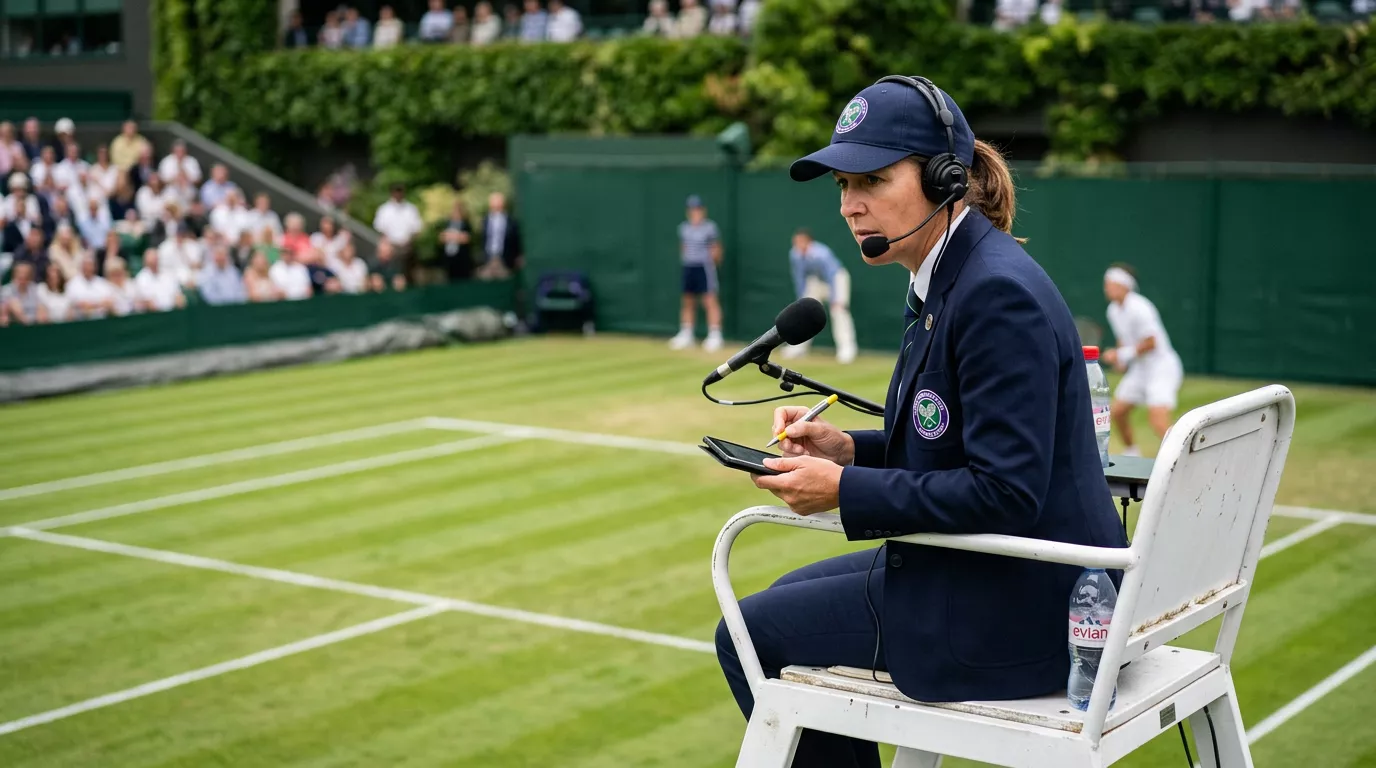 Arbitre de chaise de tennis professionnel en uniforme observant le court central depuis sa hauteur
