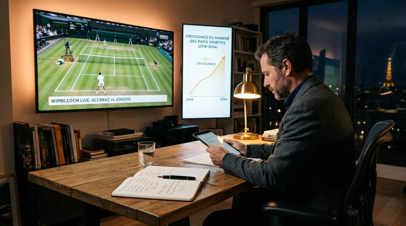Spectateur français suivant un match de tennis sur écran avec graphique de cotes en surimpression