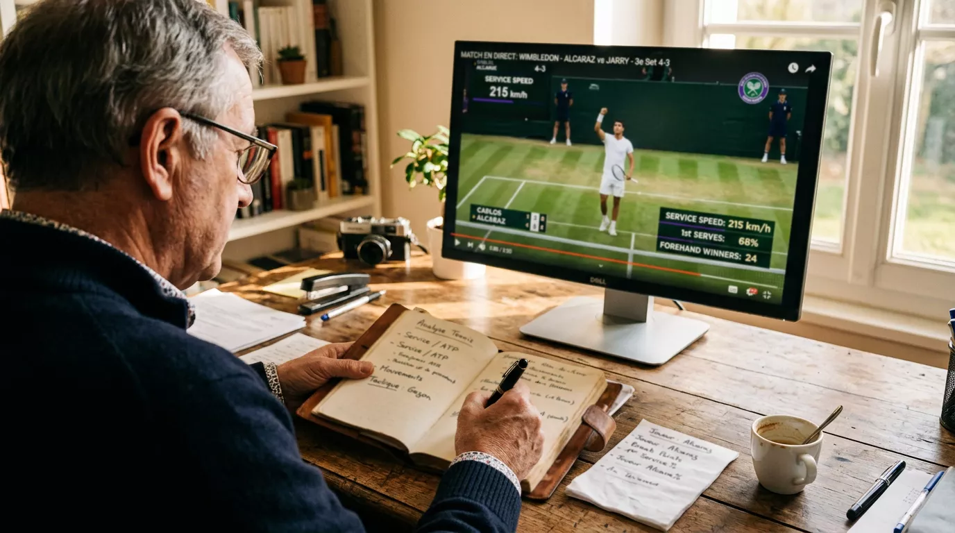 Analyste de paris tennis prenant des notes manuscrites devant un écran affichant des statistiques de match